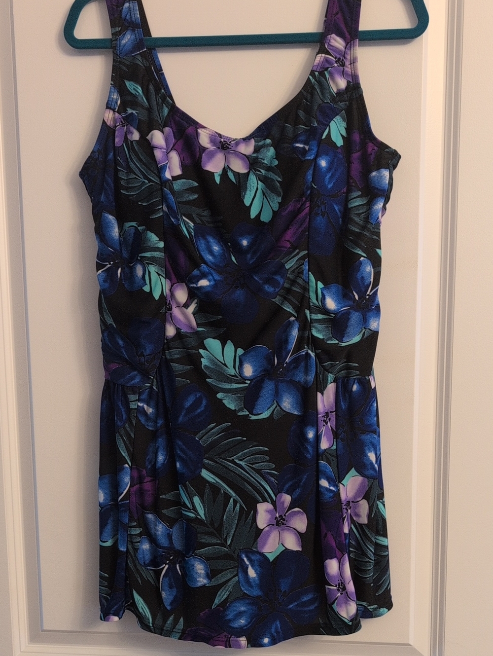 Floral Tank Top Swim Dress in Black with Blue & Purple Blooms